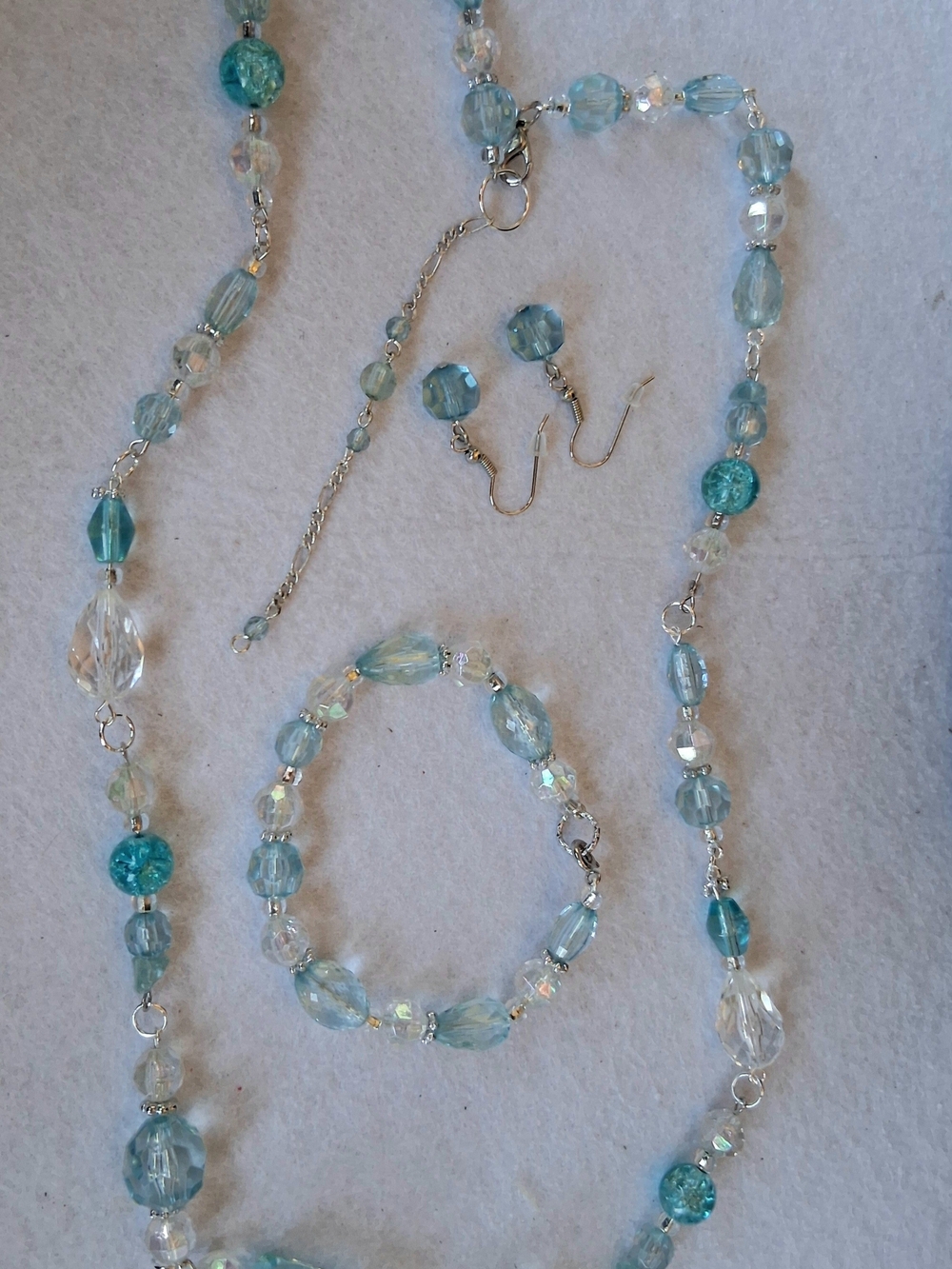 Hand Crafted Ice Blue Crystal Bead Jewelry Set - Necklace, Bracelet & Earrings